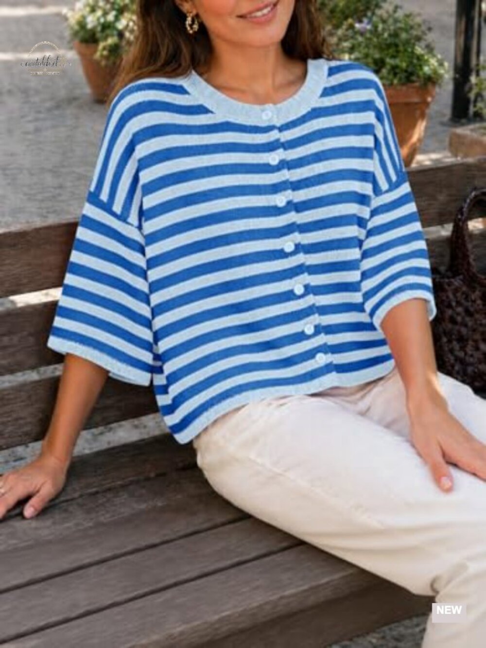 Short Sleeve Cropped Striped Button Down Oversized Lightweight Knit Cardigan - Picture 2 of 6